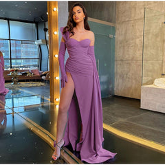 Solid Satin Asymmetric Slit Long Sleeve Dress Mssaz Desses