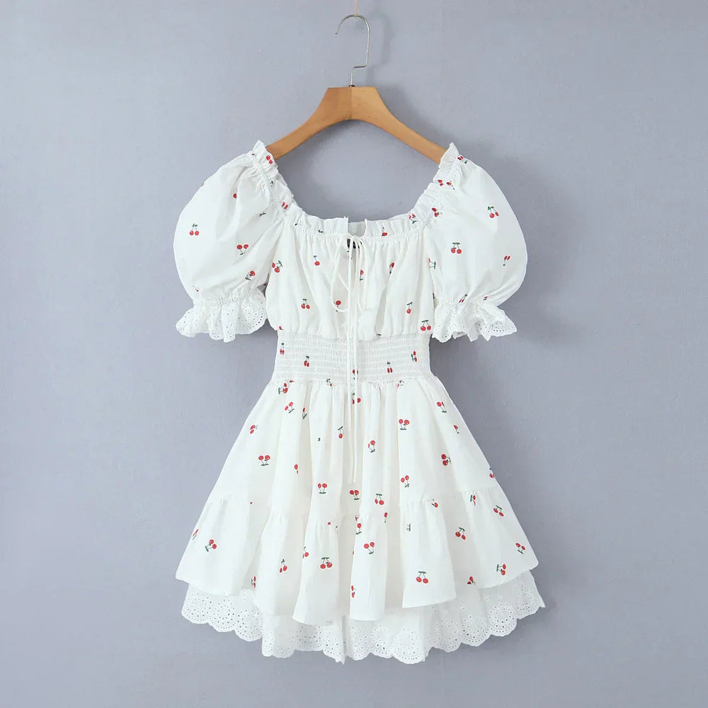Print Puff Sleeve Ruffles Lace-up Mini Dress Mssaz Desses