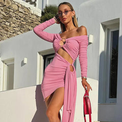 Pink Hollow Out Long Sleeved V-Neck Mini Dress Mssaz Desses