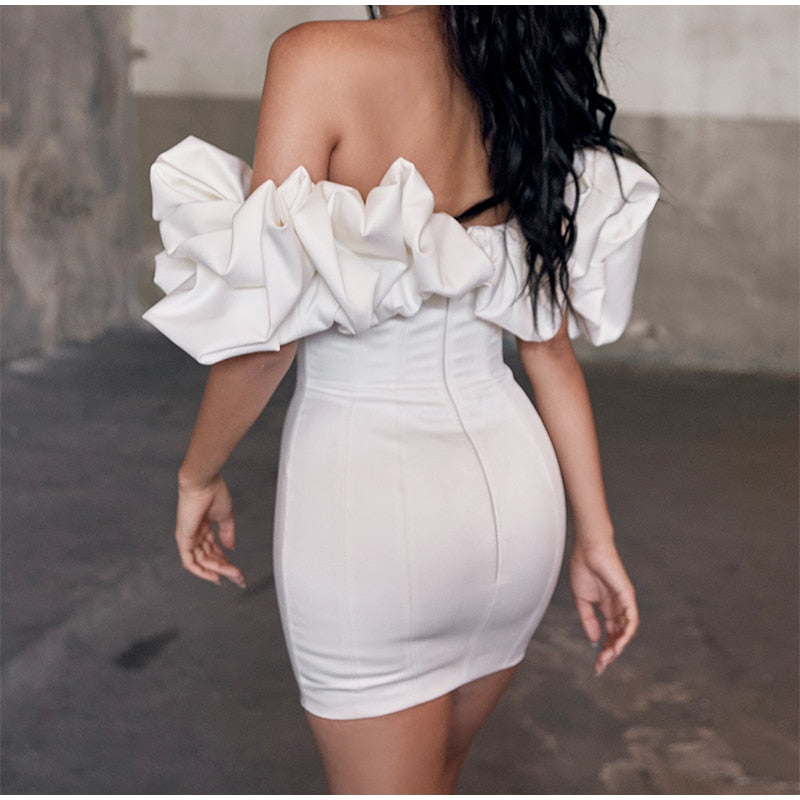Solid Fishbone Off Shoulder Ruffled One-shoulder Mini Dress Mssaz Desses