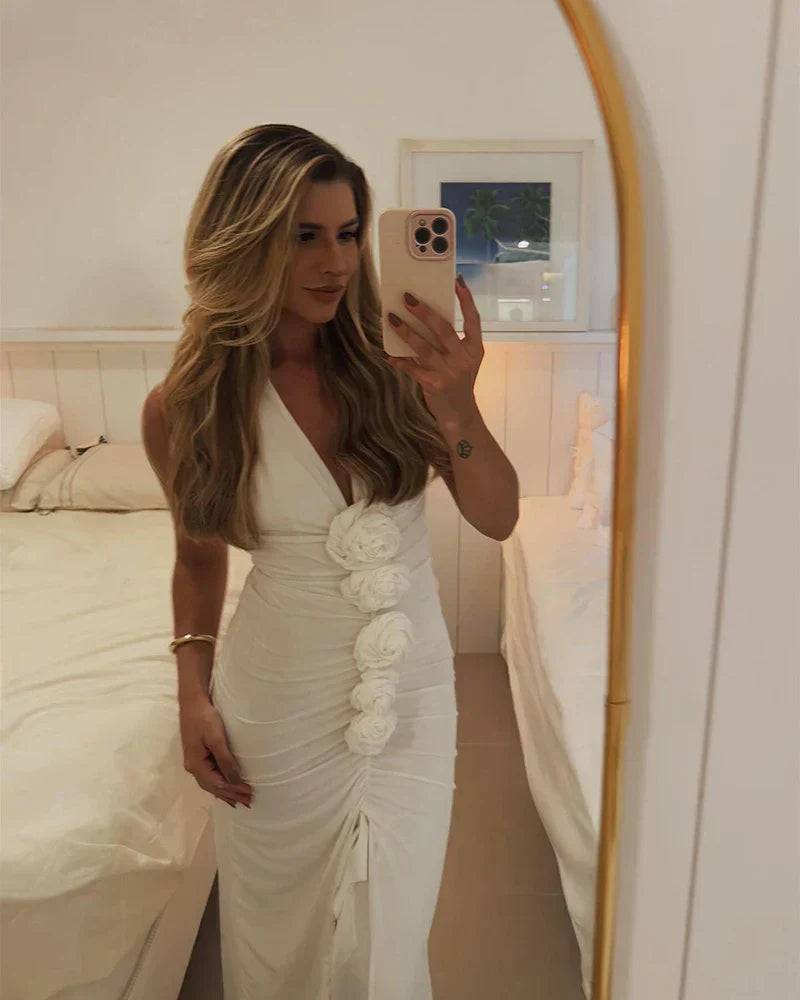 White Floral Halter Sleeveless Ruffled Long Dress Mssaz Desses