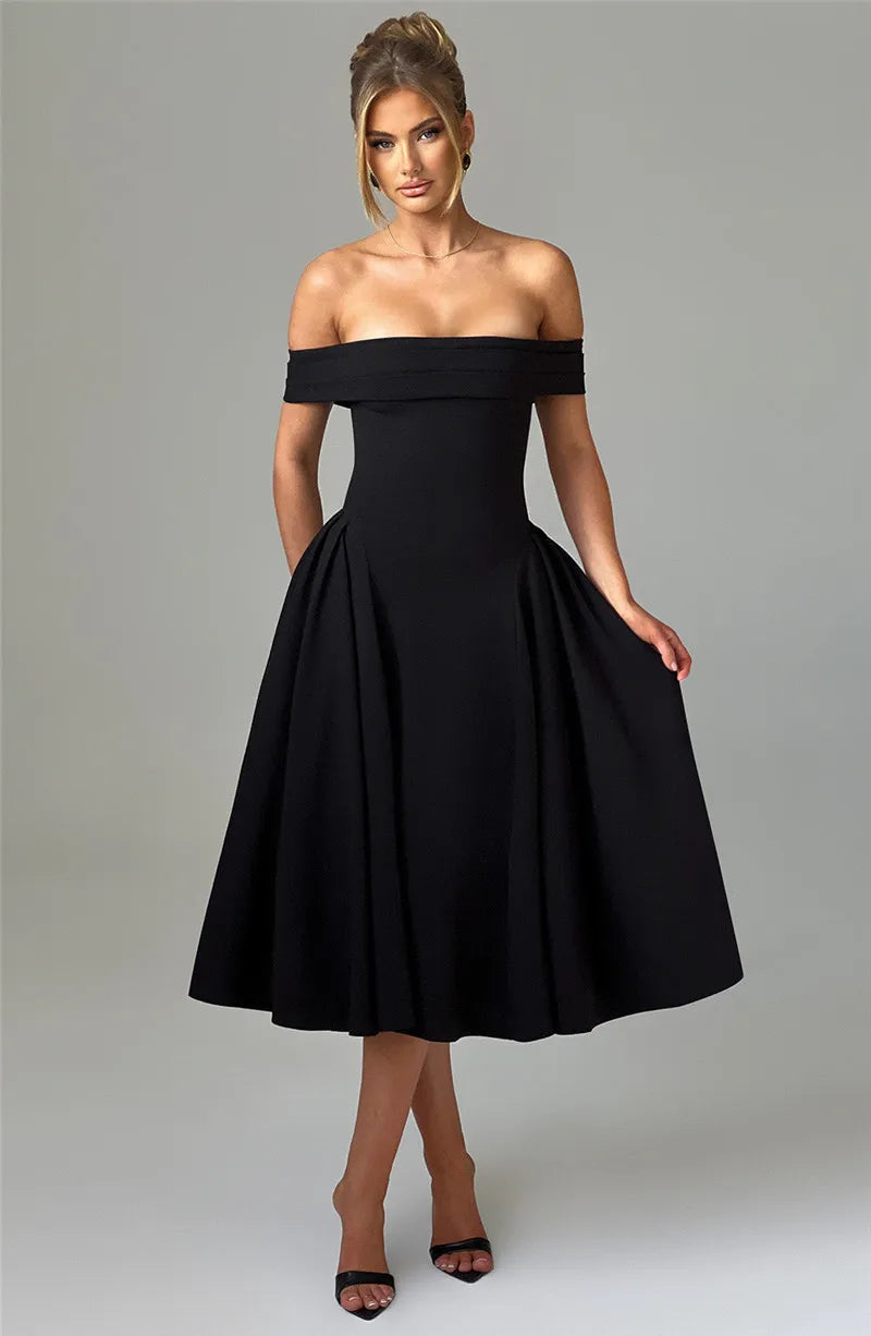 Off-Shoulder Flare Midi Dress Mssaz Desses