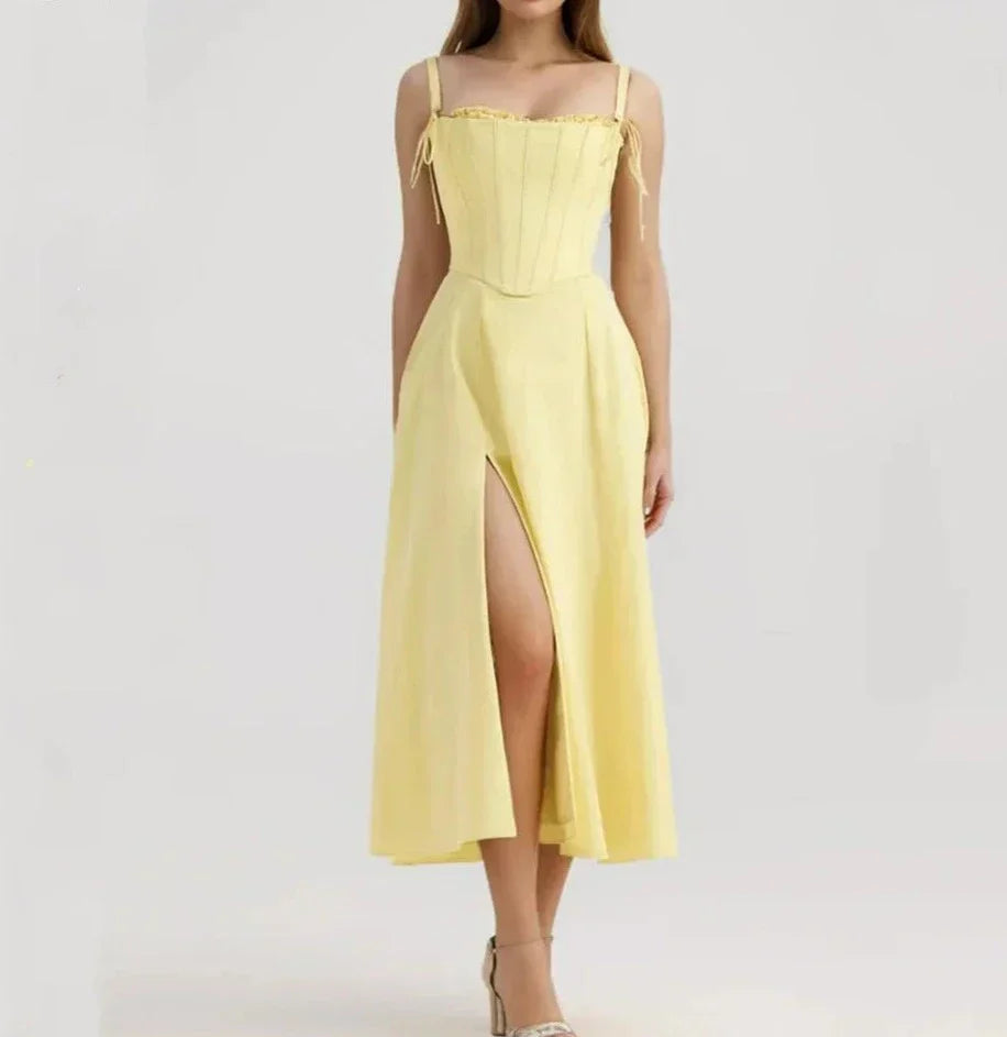 Yellow Slit Midi Dress and Cross Lacing up Top Set Mssaz Desses