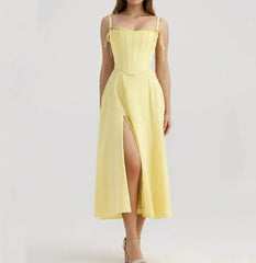 Yellow Slit Midi Dress and Cross Lacing up Top Set Mssaz Desses