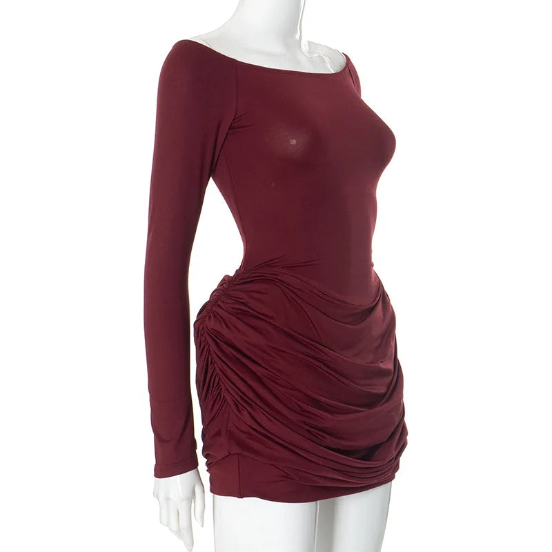 Pleated Off-Shoulder Long Sleeve Mini Dress Mssaz Desses