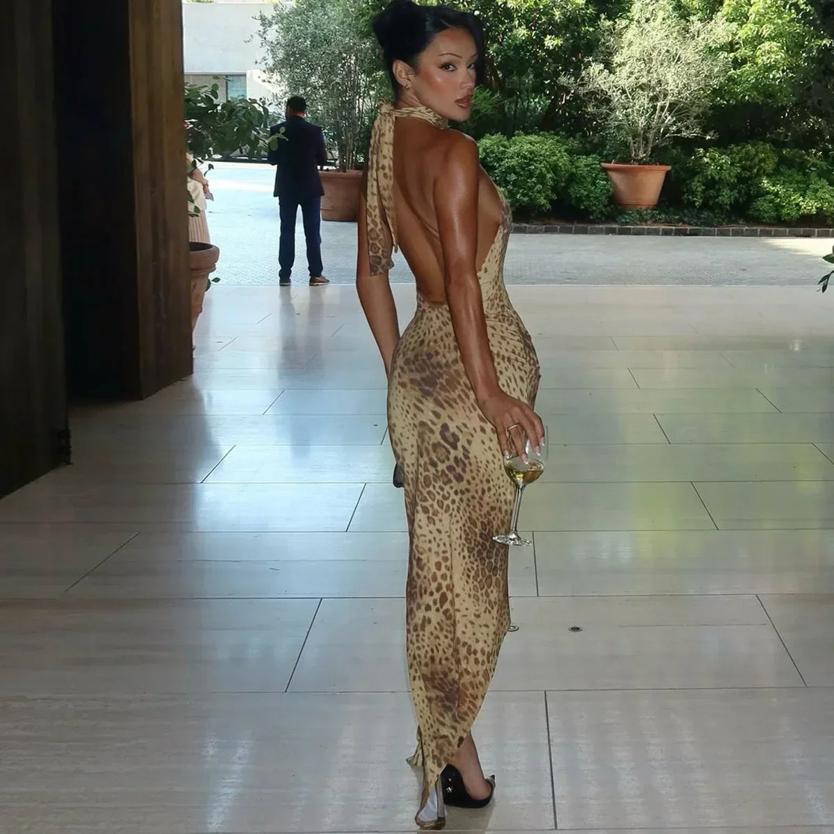 Halter Leopard Embellished Long Dress Mssaz Desses