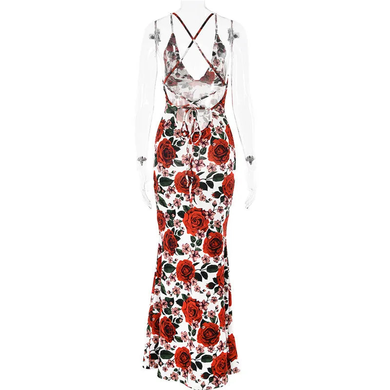 Red Floral Maxi Dress with Cowl Neck & Tie Back Mssaz Desses