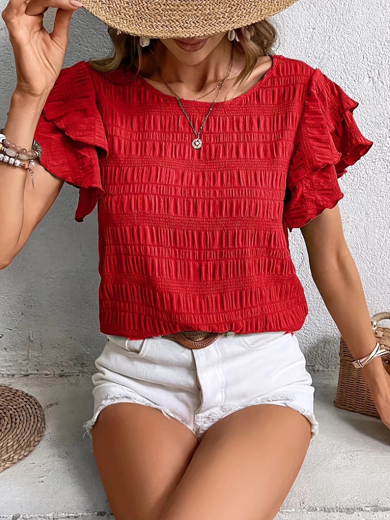Vintage Butterfly Sleeve O Neck  Casual Elegant Solid Shirt Mssza