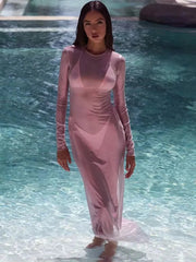 O-neck Full Sleeve Solid Color Mesh Dress Mssaz Desses