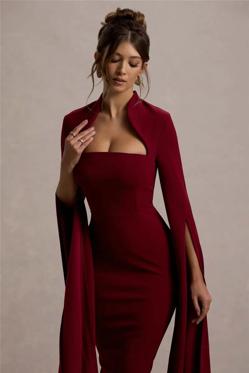 Cape Long Sleeve Square Collar Midi Dress Mssaz Desses