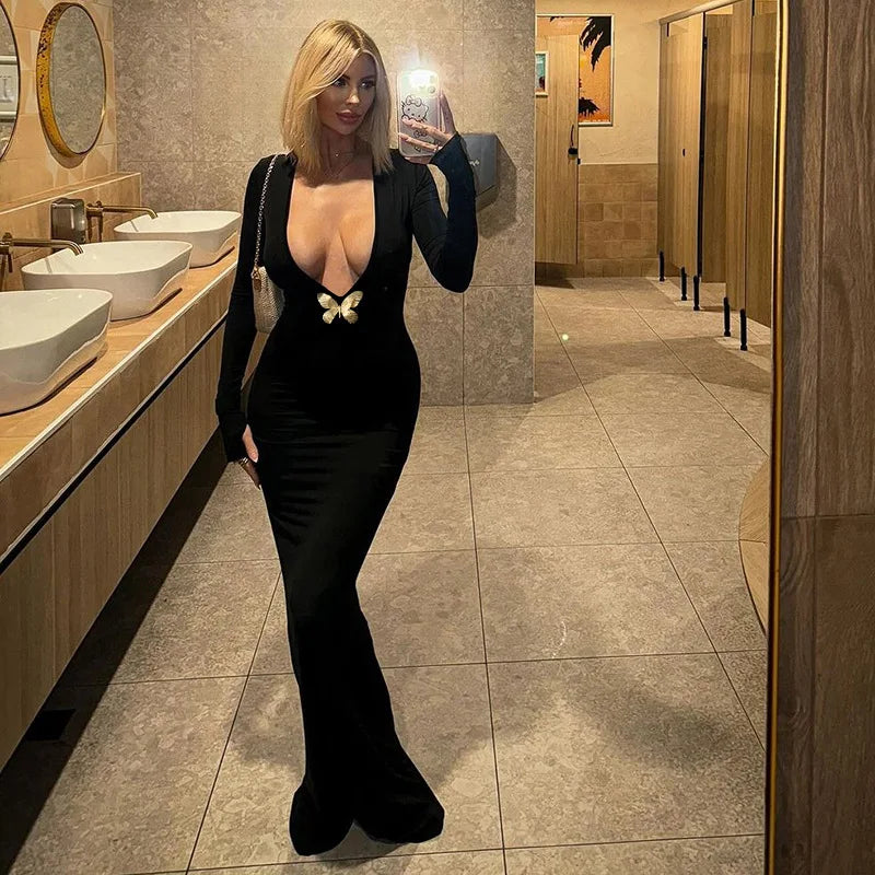 Black Fishtail Dress Dramatic Style with Butterfly Mssaz Desses