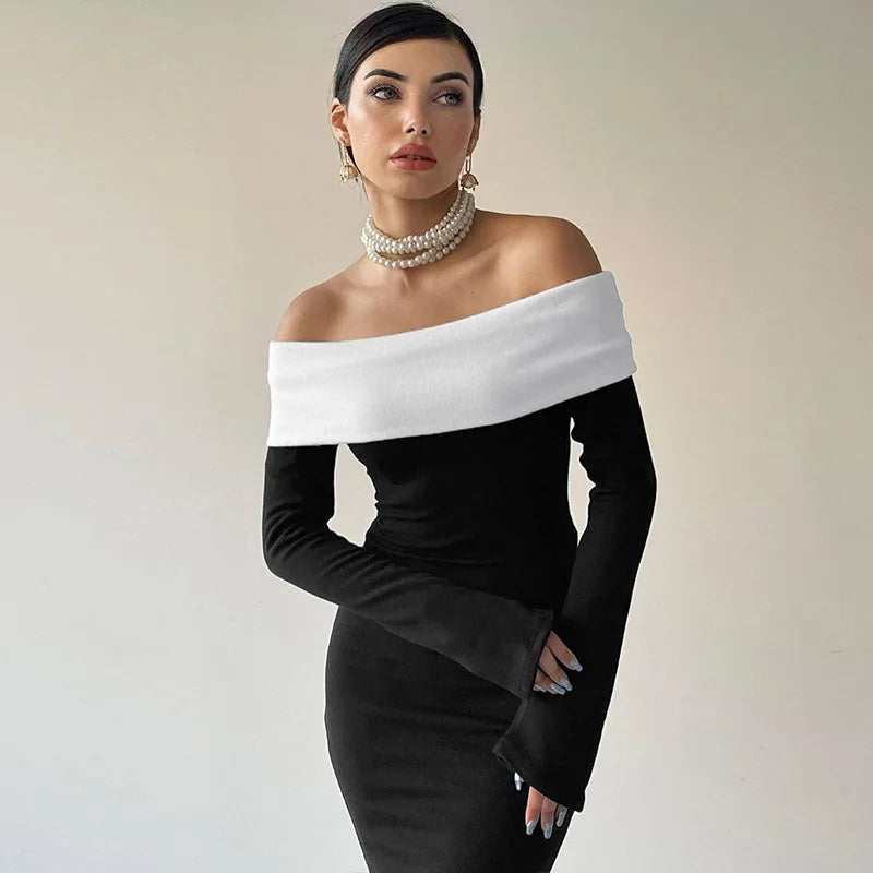 Black & White Off-the-Shoulder Maxi Dress with Long Sleeves Mssaz Desses