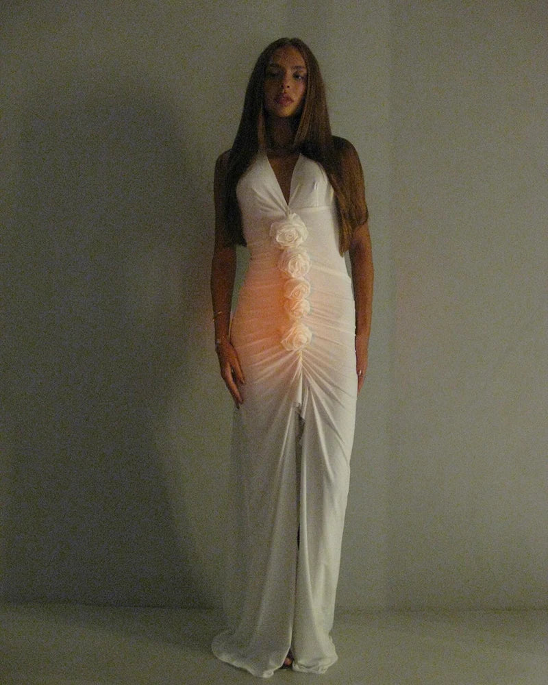 White Floral Halter Sleeveless Ruffled Long Dress Mssaz Desses
