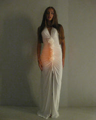White Floral Halter Sleeveless Ruffled Long Dress Mssaz Desses