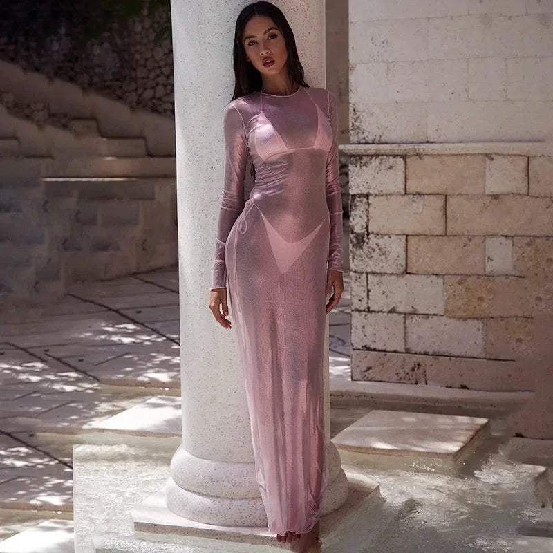 O-neck Full Sleeve Solid Color Mesh Dress Mssaz Desses