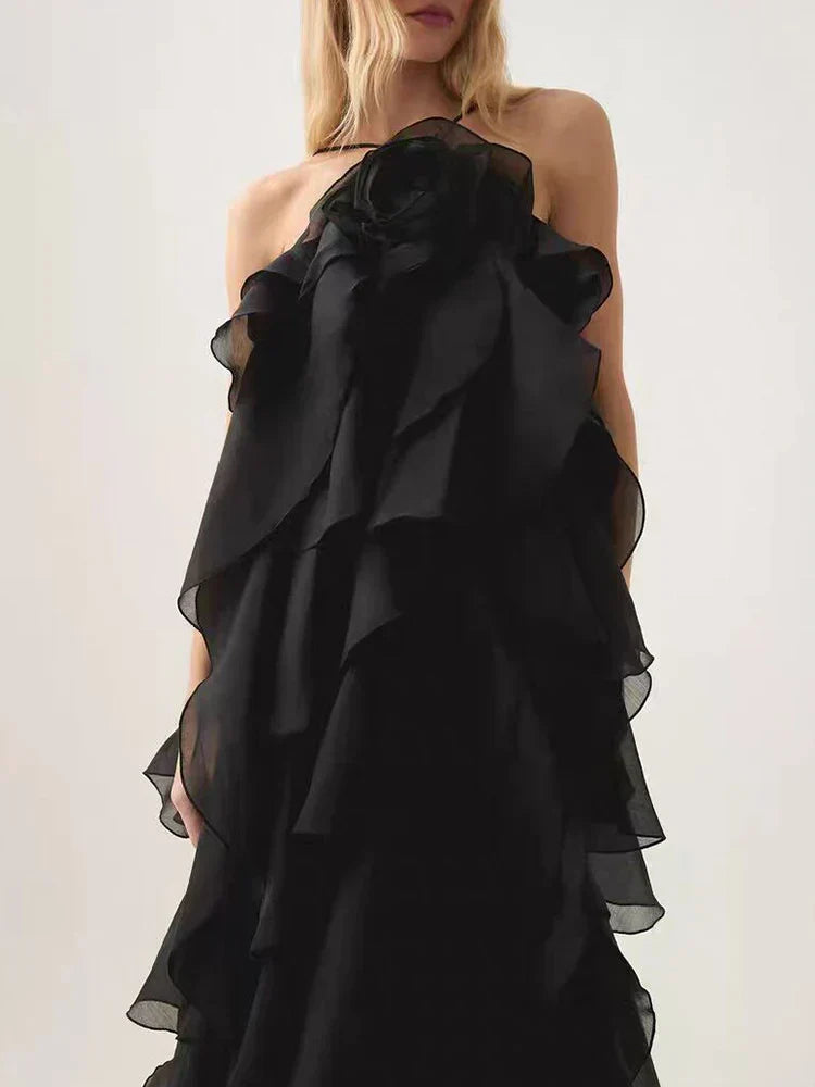 Halter 3D Flower Flounce Irregular Loose Maxi Dress Mssaz Desses