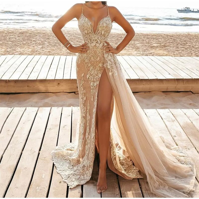 Sleeveless V-Neck Slit Lace Cutout Long Dress Mssaz Desses