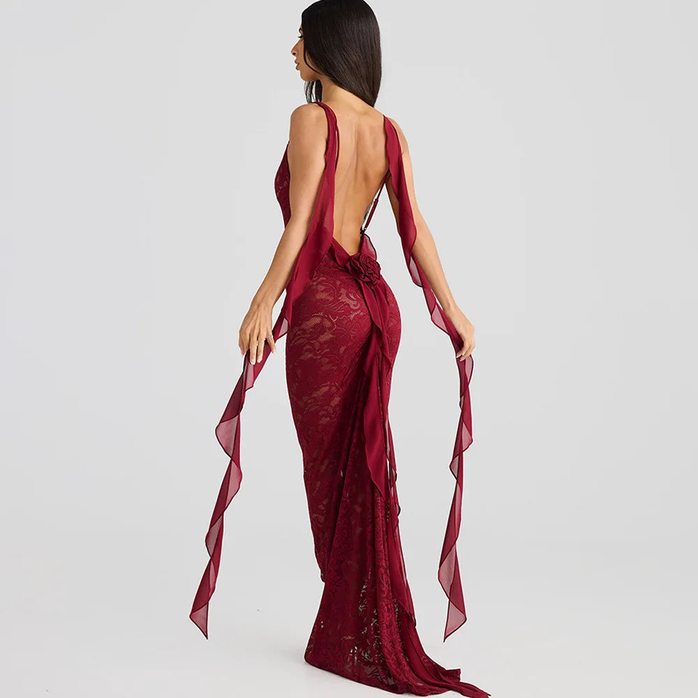 Lace Patchwork Backless Trailing Long Dress Mssaz Desses