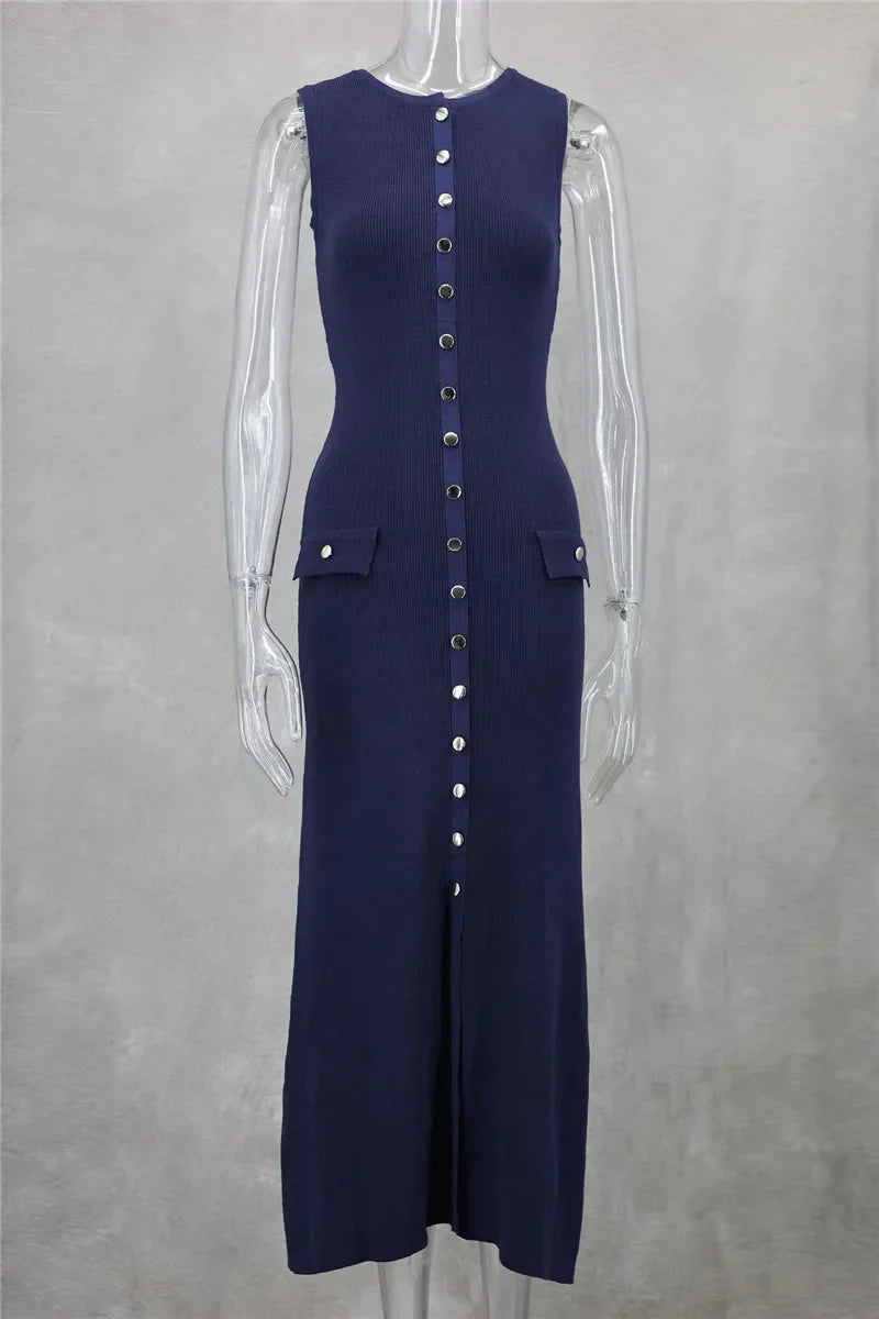 Knit Maxi Dress with Pockets Button-Front Mssaz Desses