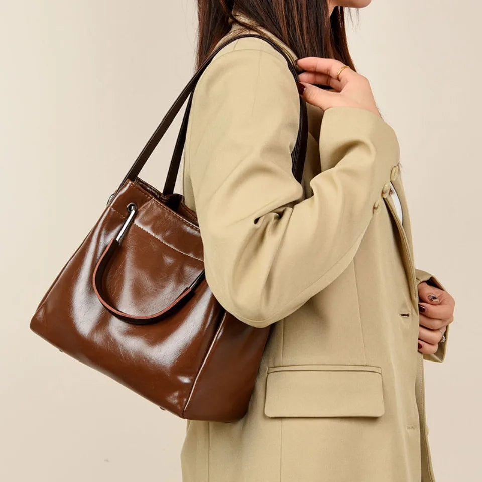 Luxury Vintage Large Capacity Tote Oil Pu Leather Shoulder Hand Bags Mssza