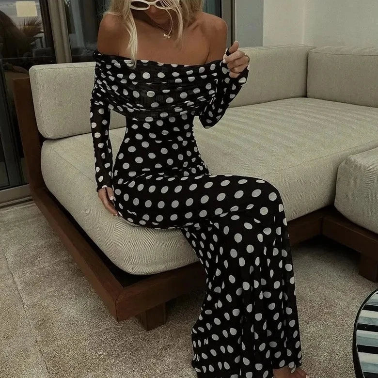 Polka Dots Off Shoulder Long Sleeves Maxi Dress Mssaz Desses