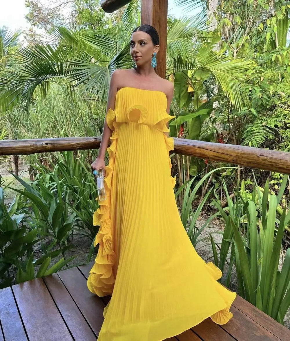 Pleated Chiffon Long Ruffled Strapless Dress Mssaz Desses