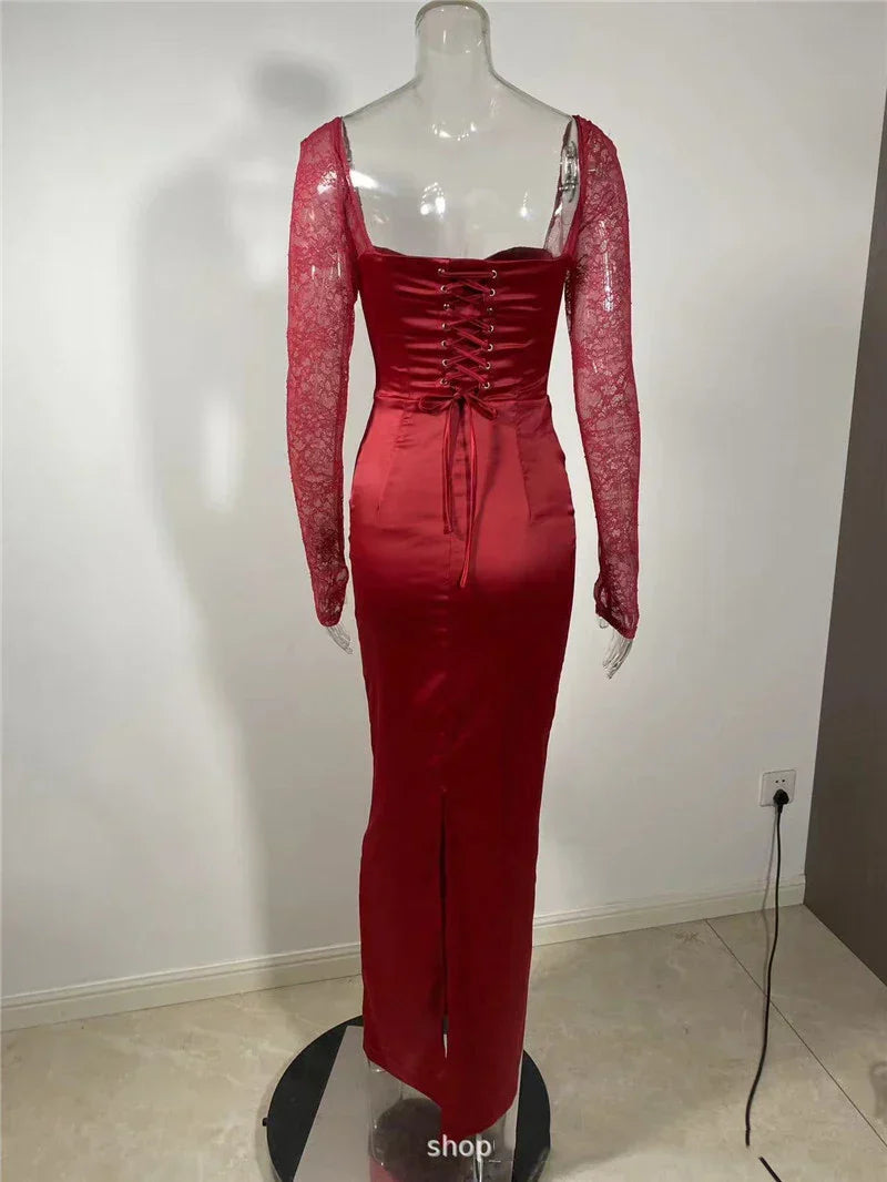 Square Collar Lace-Up Backless Long Sleeve Maxi Dress Mssaz Desses