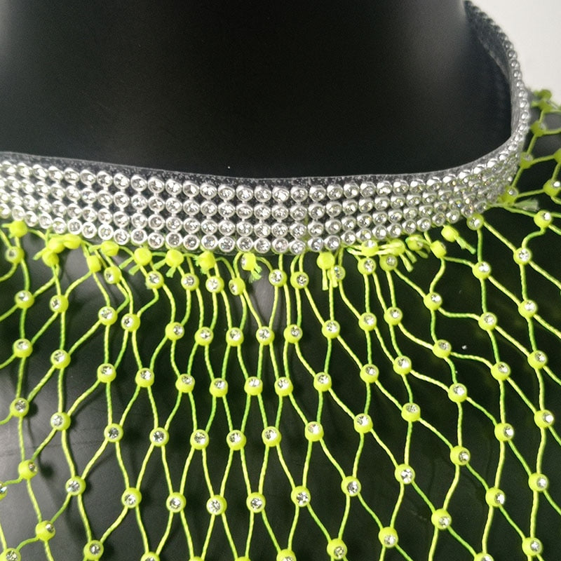Bling Rhinestones Fishnet Mini Dress  Long Sleeve Crystal Dress Mssaz Desses