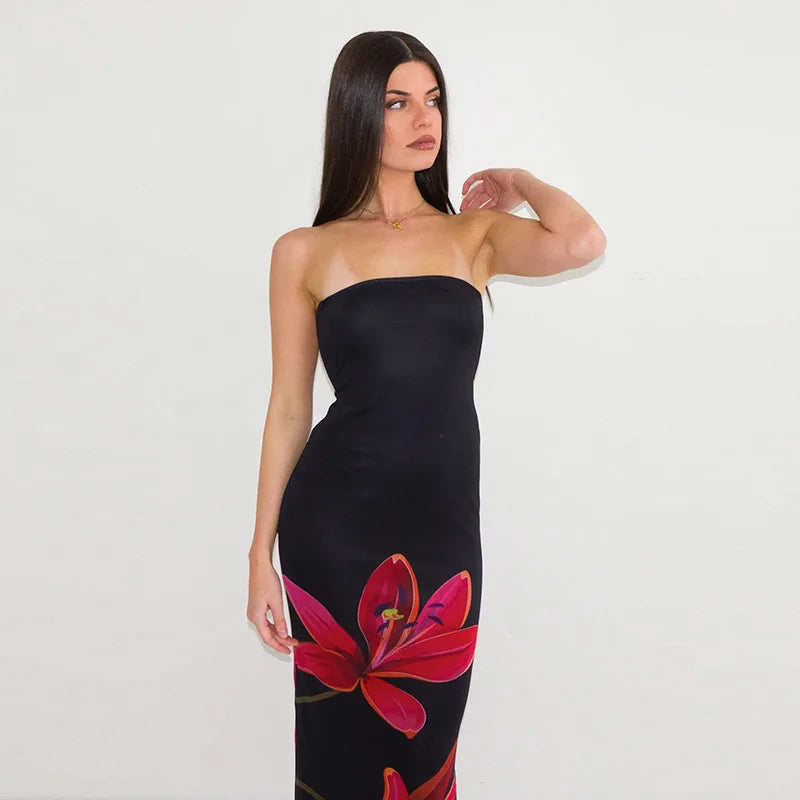 Black Tube Flower Print Back Tie Up Maxi Dress Mssaz Desses