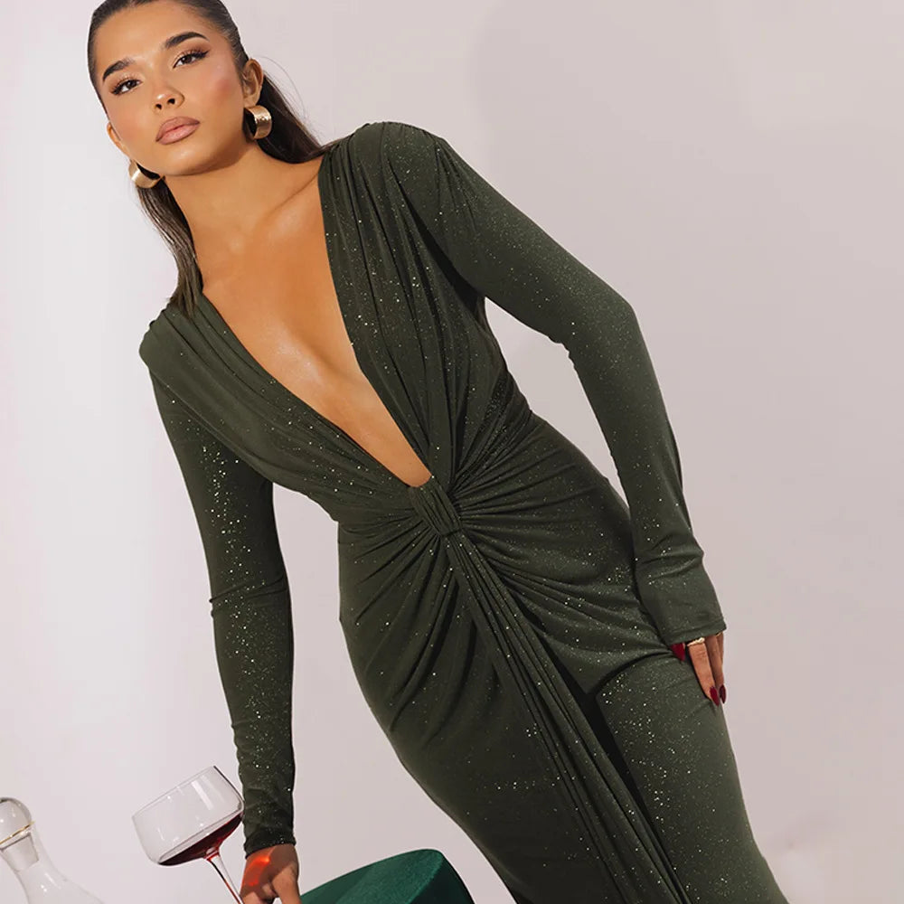Elastic Deep V-Fold Lace Maxi Dress Mssaz Desses