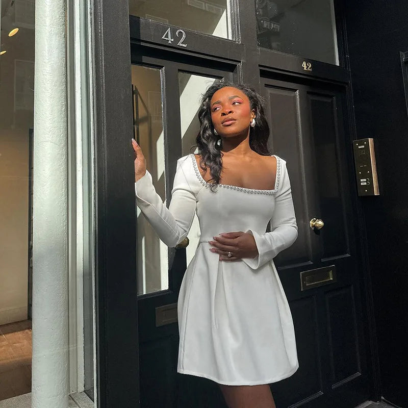 Pearl Square Neck Long Sleeve Mini Dress Mssaz Desses