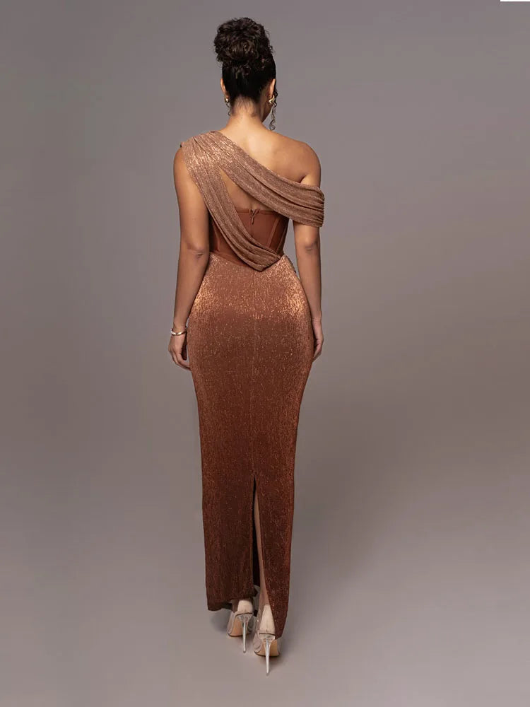 One Shoulder Draped Glitter Brown Maxi Dress Mssaz Desses