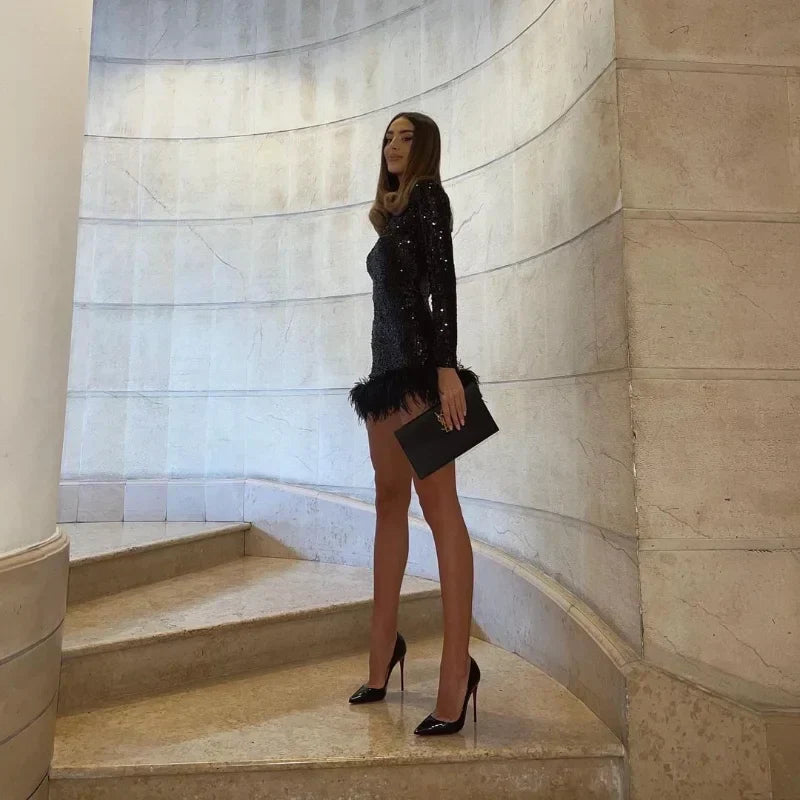 Long Sleeve Slim Sequins Feather Dress Mssaz Desses