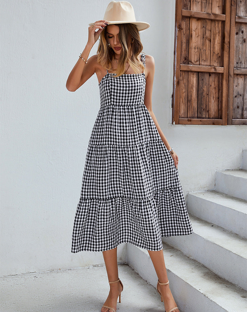 Boho Plaid Backless Casual Ruffles Party Beach Sundress Mssaz Desses