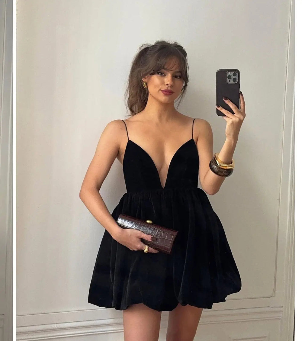 Velvet Deep V Neck Mini Lantern Dress Mssaz Desses