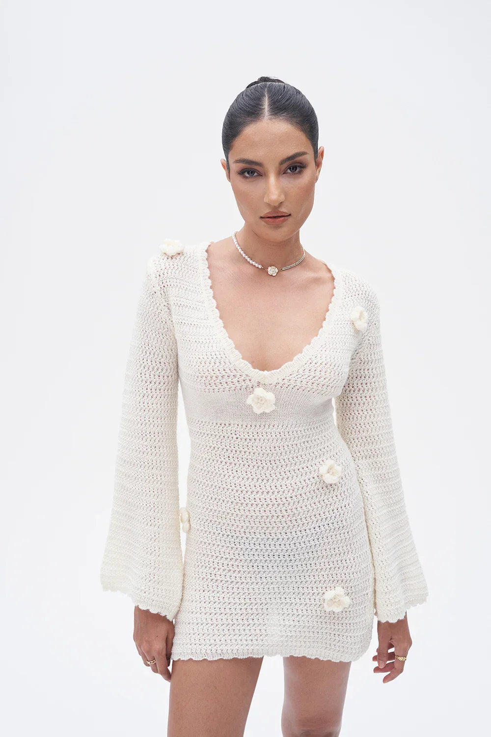 3D Flower Hand Crotch Full Flare Sleeve Sweater Dress Mssaz Desses