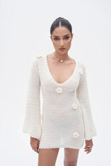 3D Flower Hand Crotch Full Flare Sleeve Sweater Dress Mssaz Desses