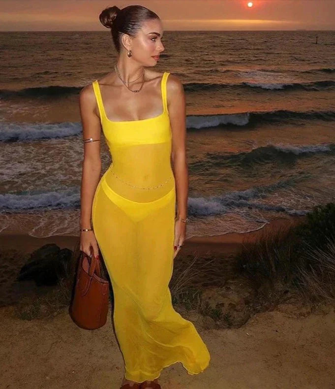 Mesh Square Neck Open Back Solid Long Dress Mssaz Desses