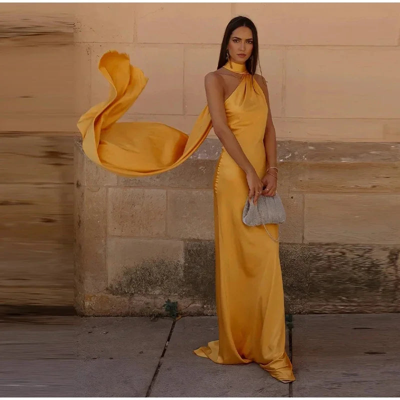 Yellow Satin Backless Lace-Up Off-Shoulder Maxi Dress Mssaz Desses