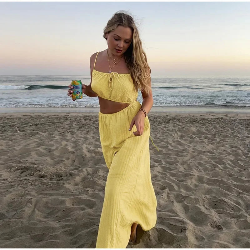 Lace Up Solid Color Open Back Long Dress Mssaz Desses