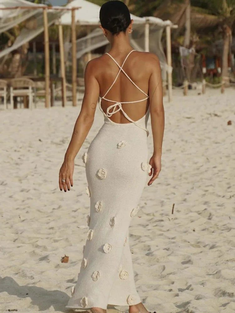 Halter Neck Flower Patchwork Lace-up Maxi Dress Mssaz Desses