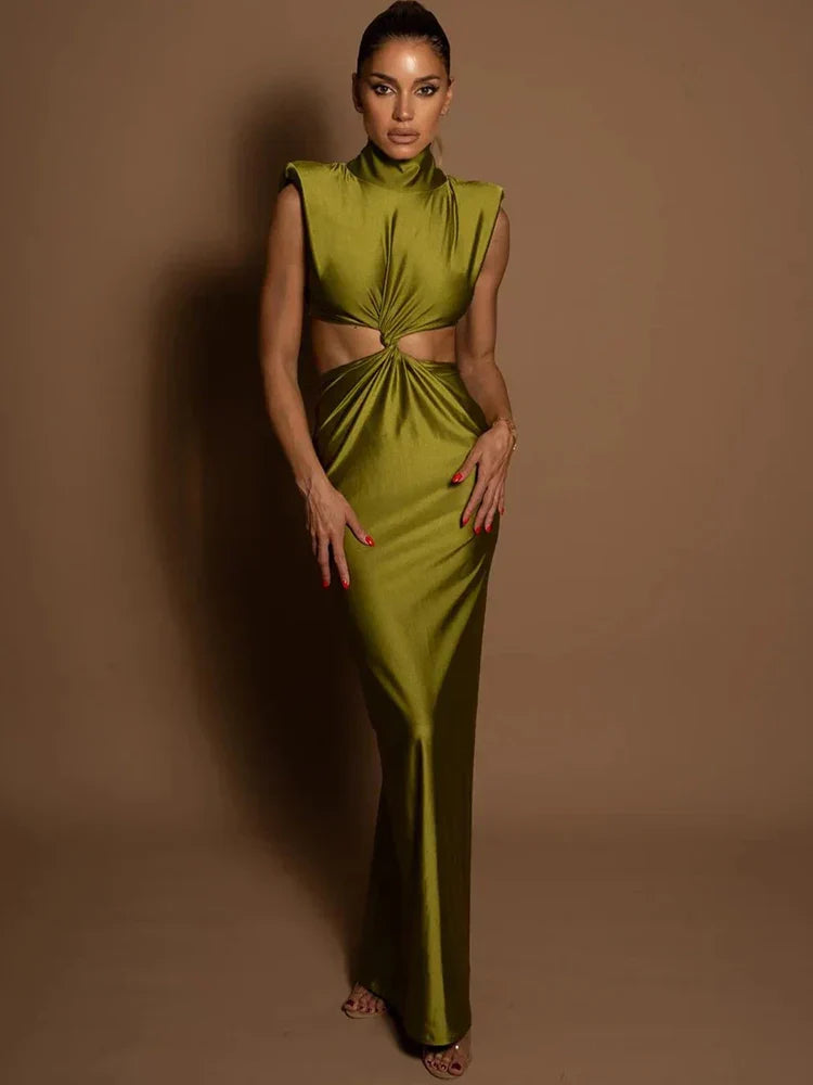 Hollow Out Turtleneck Solid Maxi Dress Mssaz Desses