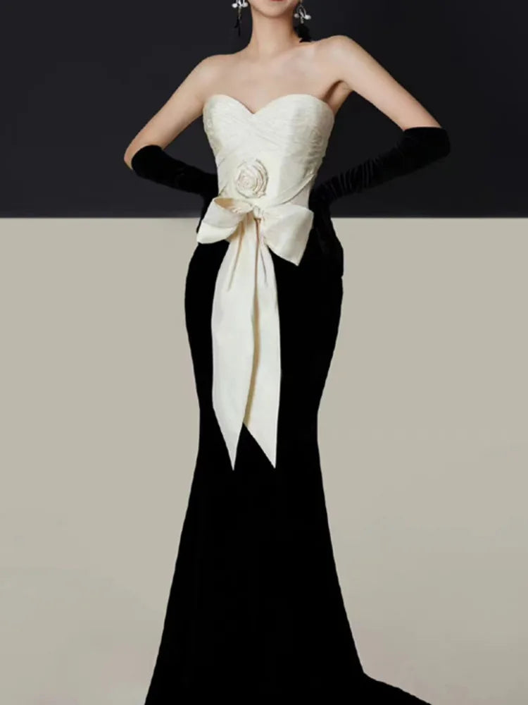 3D Flower Bowknot Patchwork Velvet Dress Mssaz Desses