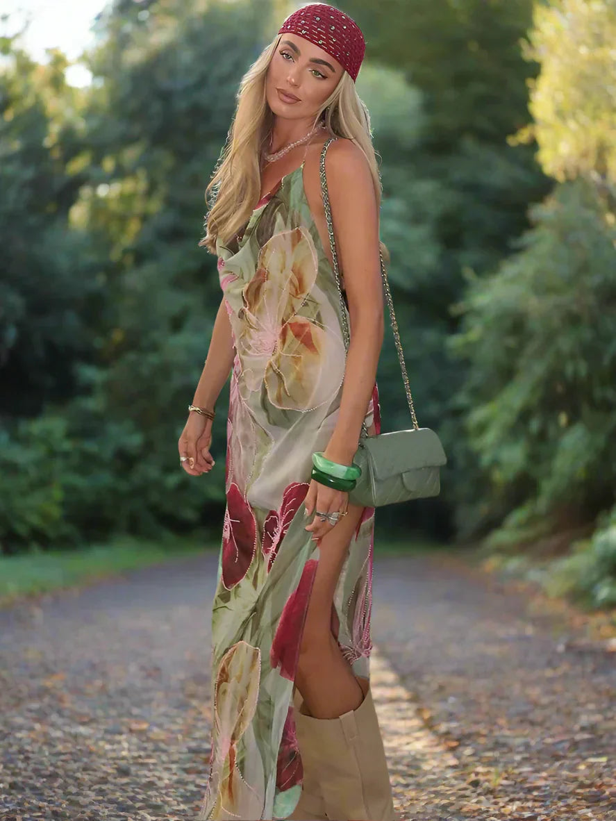 Floral Print Backless Halter Dress with Split for Women Mssaz Desses