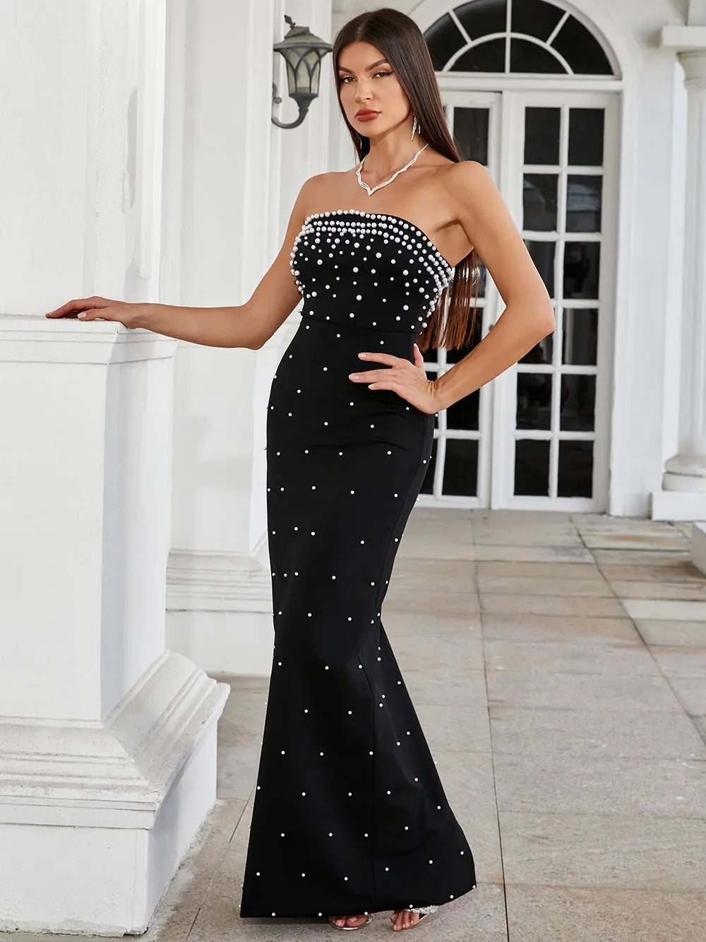 Pearl Design Bandage Strapless Long Dress Mssaz Desses