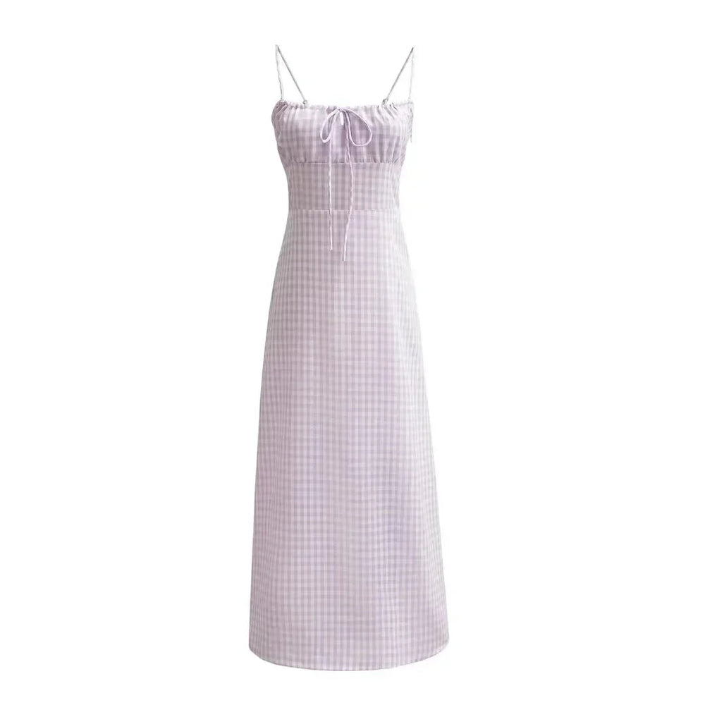 Spaghetti Strap Tie Up Plaid Pink Midi Dress Mssaz Desses
