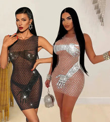 Mesh Rhinestone Round Neck Sleeveless Mini Dress Mssaz Desses