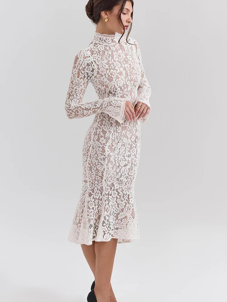 Lace White Long Sleeve Turtleneck Dress Mssaz Desses