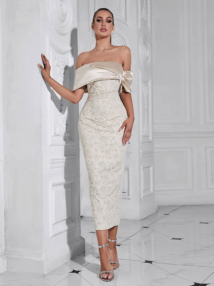 Slash Neck Embossed Flower Beige Dress Mssaz Desses