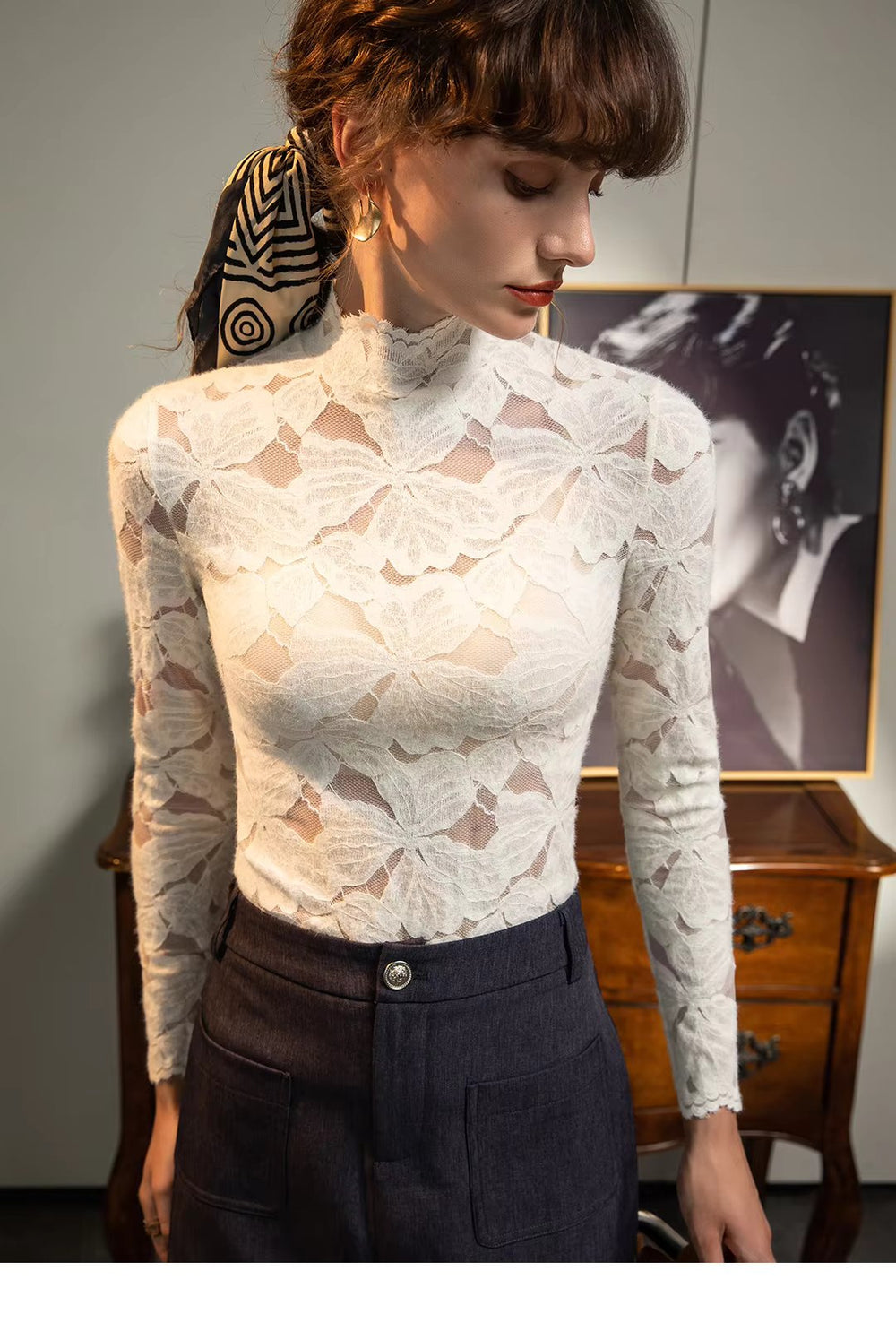See Through Brushed Lace Shirt Long Sleeved T-shirt Mssza